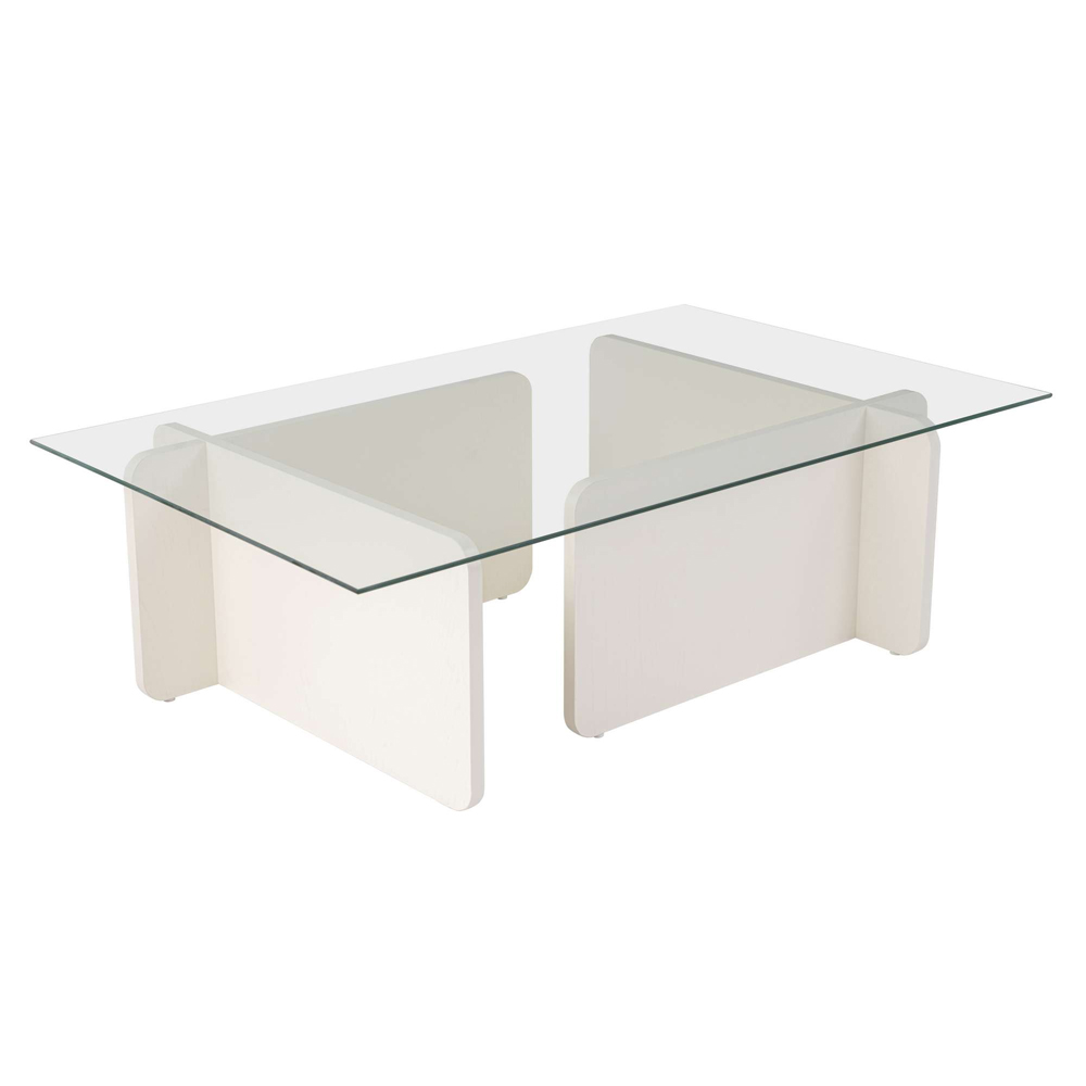 Dorvian Tempered Glass Coffee Table with White Wooden Base