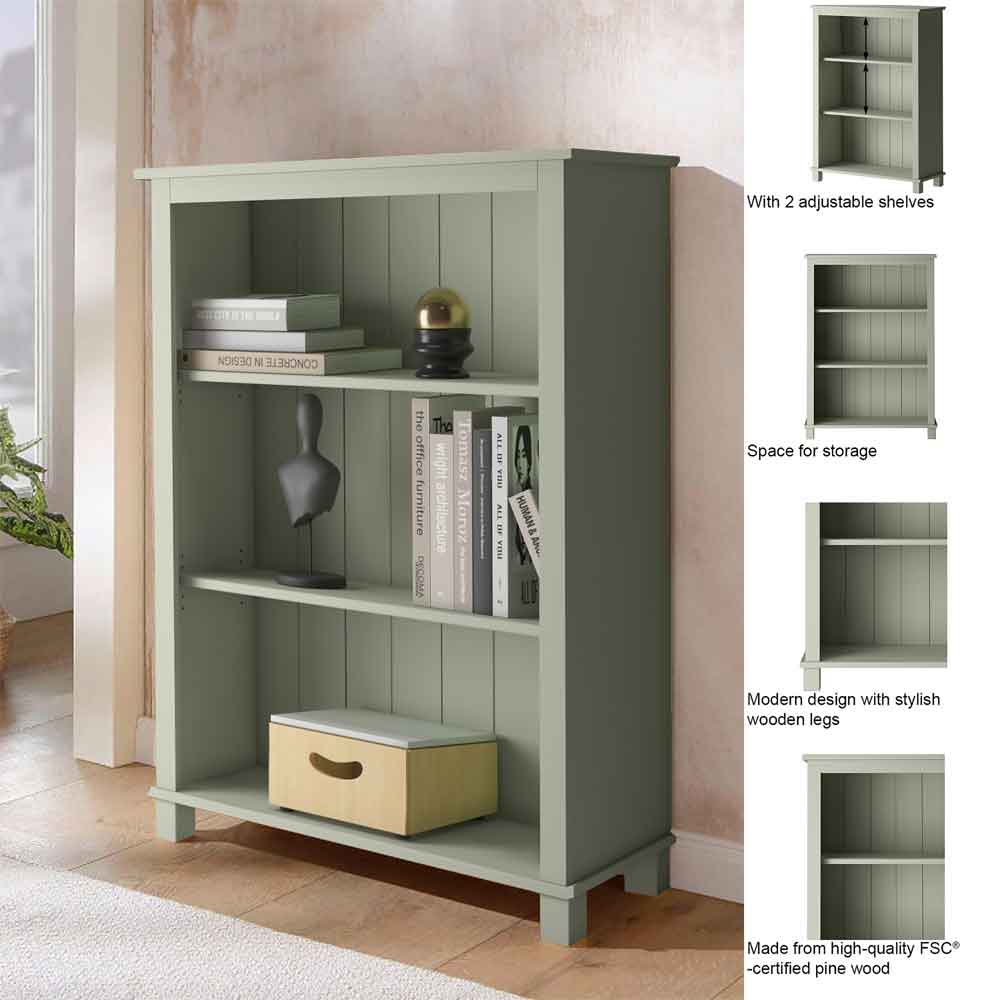 Dorvian Wooden Bookcase with 3 Shelves in Green