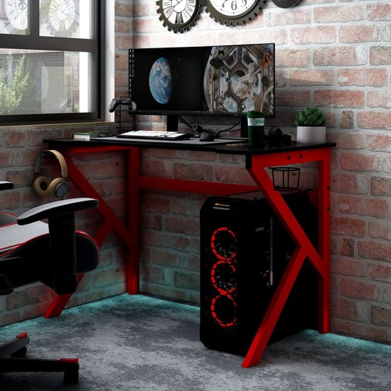 Read more about Dothan wooden gaming desk in black and red with k-shape legs