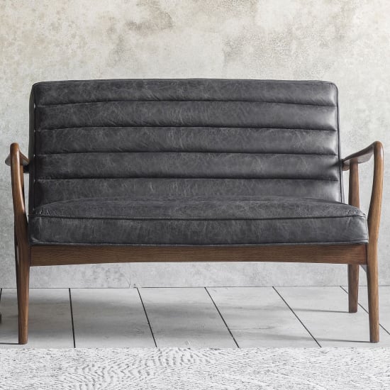 Dotson Leather 2 Seater Sofa With Oak Frame In Antique Ebony