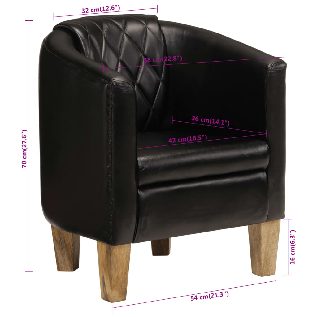 Dove Real Leather Tub Chair In Black With Wooden Legs