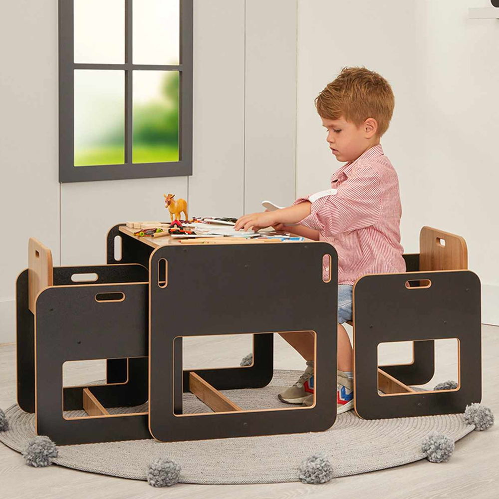 Dove Wooden Kids Table with 2 Chairs in Black and Natural