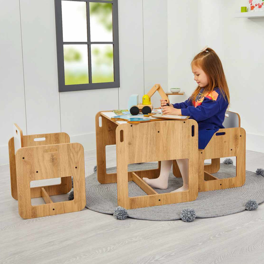 Dove Wooden Kids Table with 2 Chairs in White and Natural