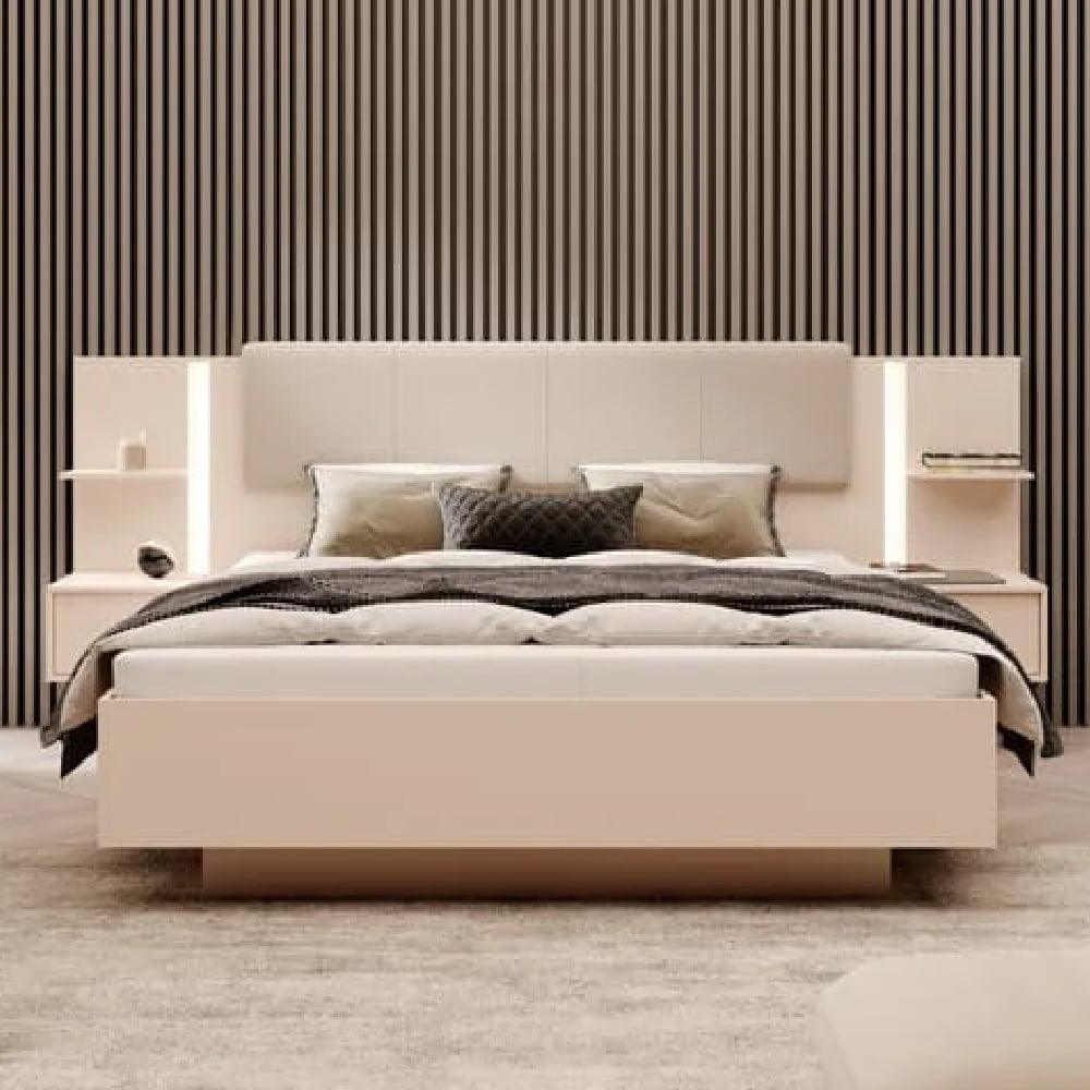 Read more about Downe ottoman wooden king size bed with bedside cabinets in beige