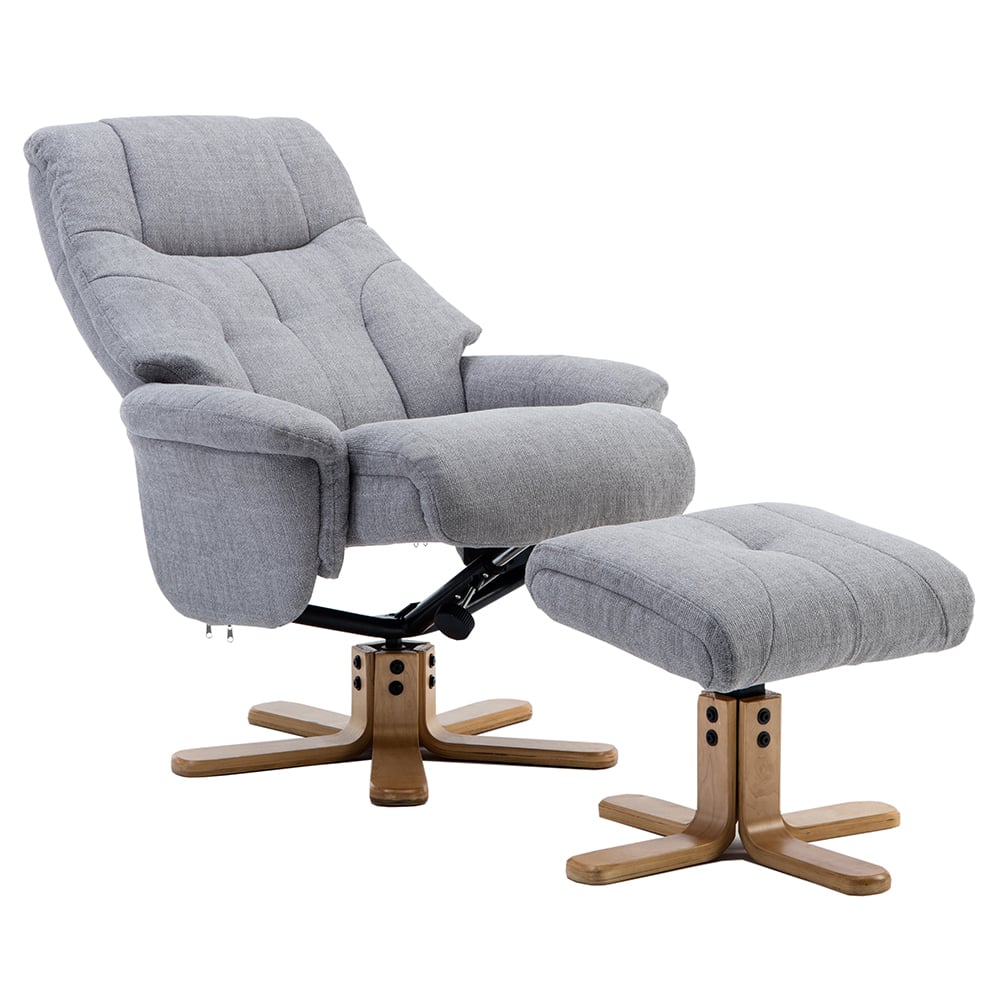 Dox Fabric Recliner Chair With Stool In Lisbon Silver