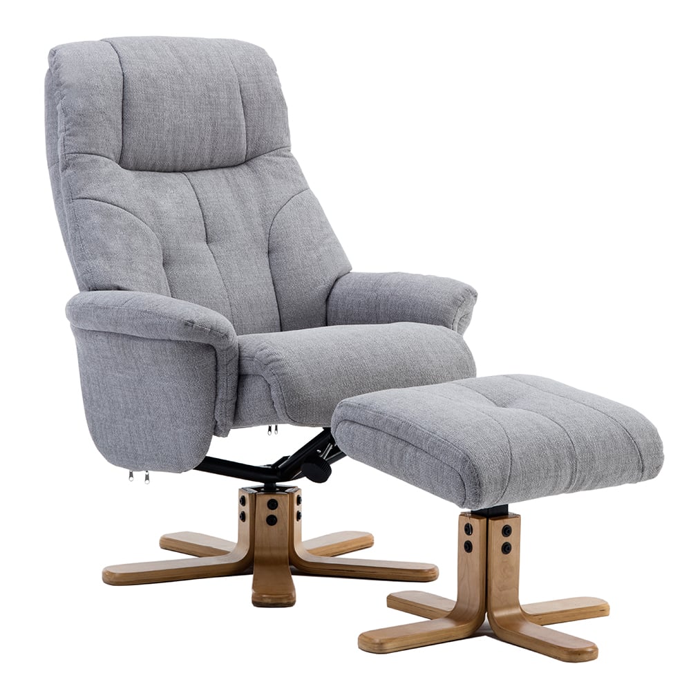 Dox Fabric Recliner Chair With Stool In Lisbon Silver
