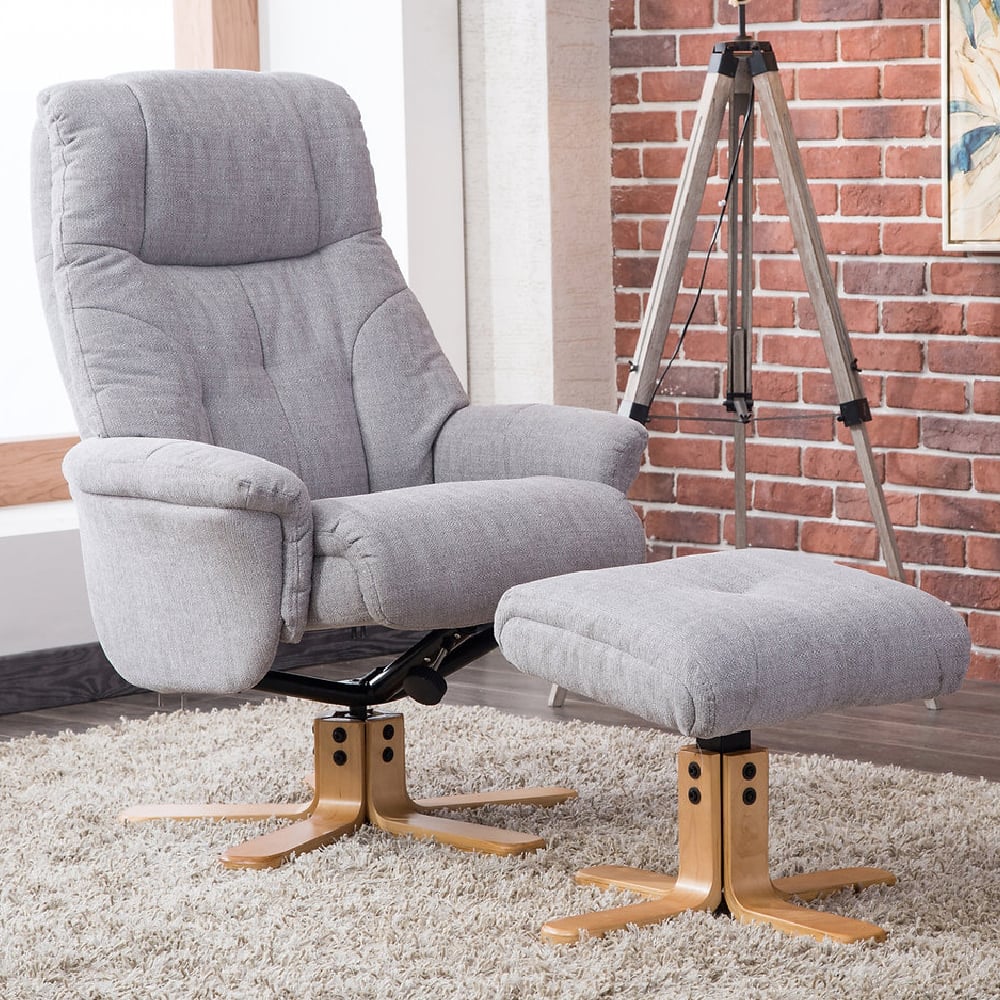 Dox Fabric Recliner Chair With Stool In Lisbon Silver