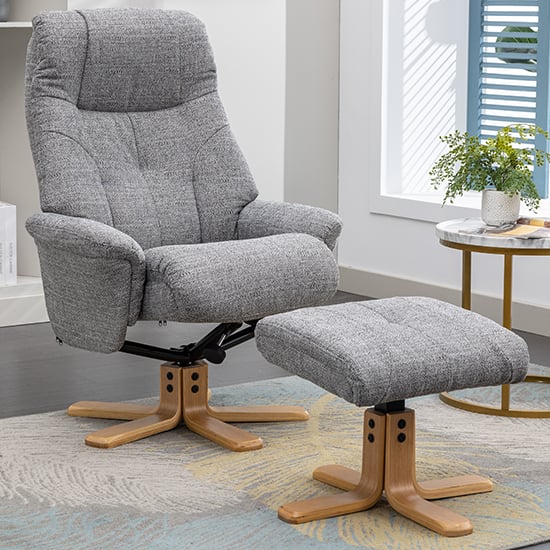 Product photograph of Dox Fabric Swivel Recliner Chair And Stool In Lisbon Rock from Furniture in Fashion