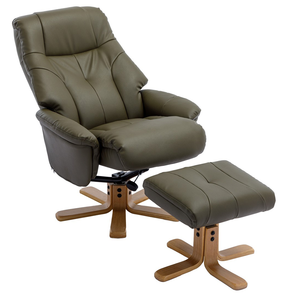 Dox Leather Recliner Chair With Stool In Olive Green
