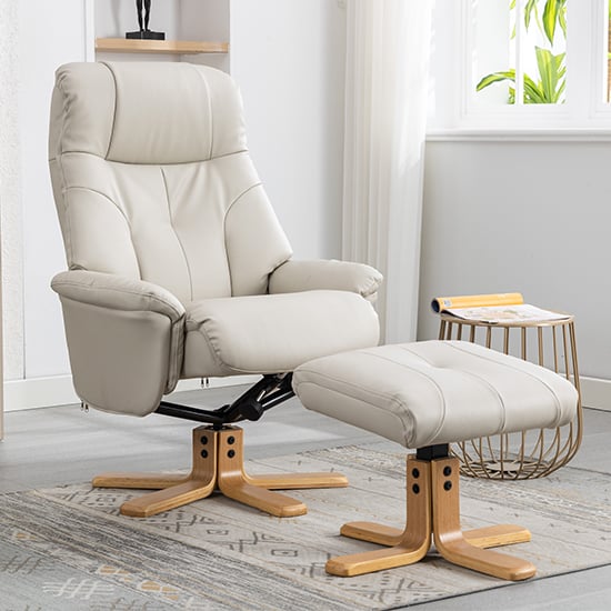 Product photograph of Dox Plush Fabric Swivel Recliner Chair And Stool In Mushroom from Furniture in Fashion