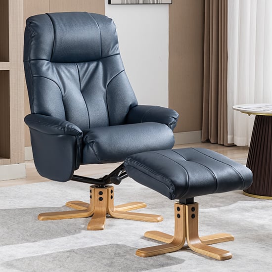 Product photograph of Dox Plush Fabric Swivel Recliner Chair And Stool In Navy from Furniture in Fashion