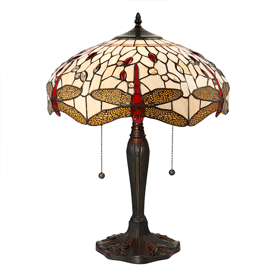 Dragonfly Beige Medium Tiffany Glass Table Lamp In Dark Bronze