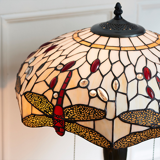 Dragonfly Beige Medium Tiffany Glass Table Lamp In Dark Bronze