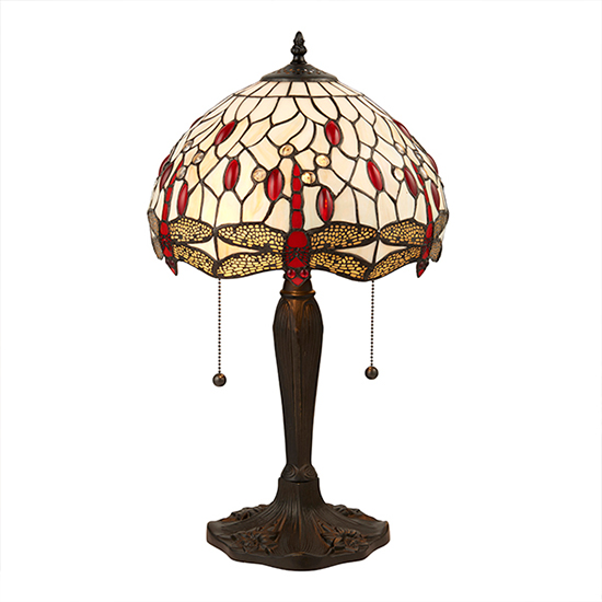Dragonfly Beige Small Tiffany Glass Table Lamp In Dark Bronze