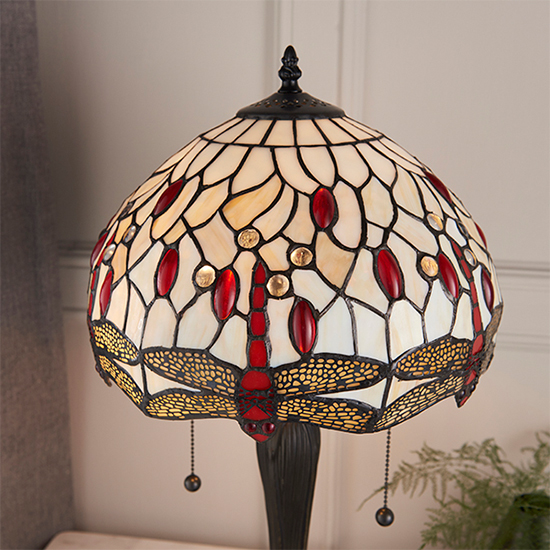 Dragonfly Beige Small Tiffany Glass Table Lamp In Dark Bronze