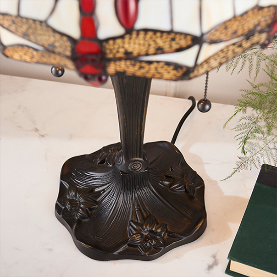 Dragonfly Beige Small Tiffany Glass Table Lamp In Dark Bronze