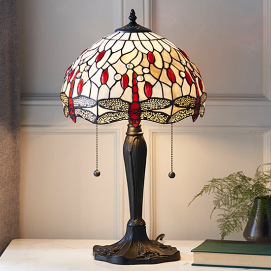Photo of Dragonfly beige small tiffany glass table lamp in dark bronze