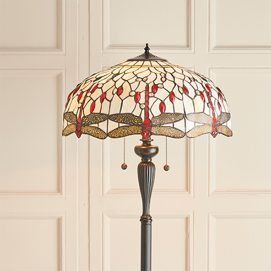 Dragonfly Beige Tiffany Glass Floor Lamp In Dark Bronze