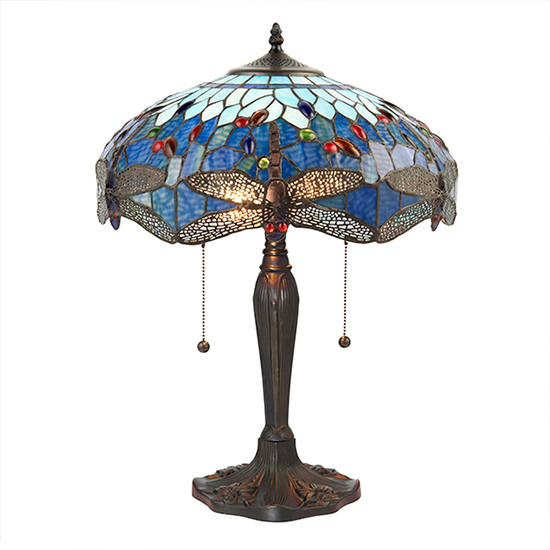 Dragonfly Blue Medium Tiffany Glass Table Lamp In Dark Bronze