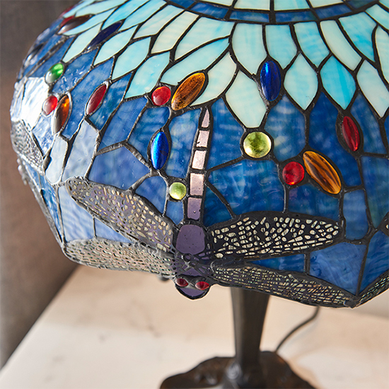 Dragonfly Blue Medium Tiffany Glass Table Lamp In Dark Bronze