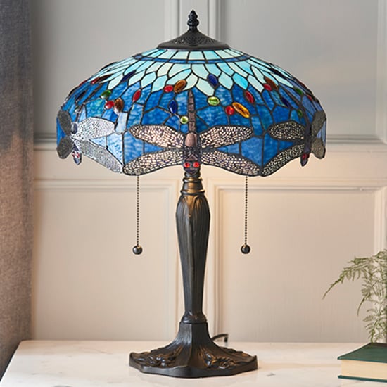 Product photograph of Dragonfly Blue Medium Tiffany Glass Table Lamp In Dark Bronze from Furniture in Fashion