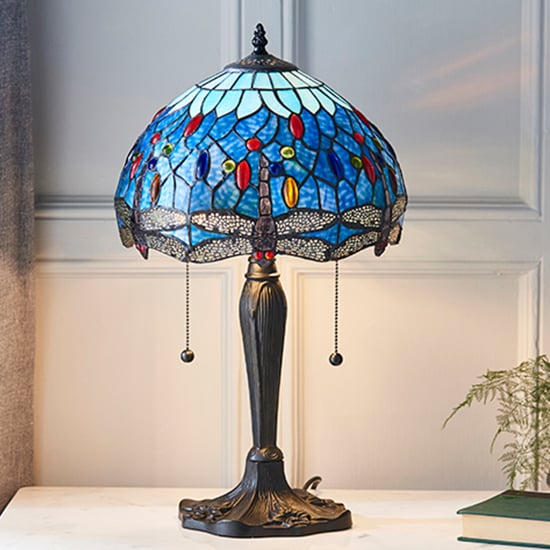 Photo of Dragonfly blue small tiffany glass table lamp in dark bronze
