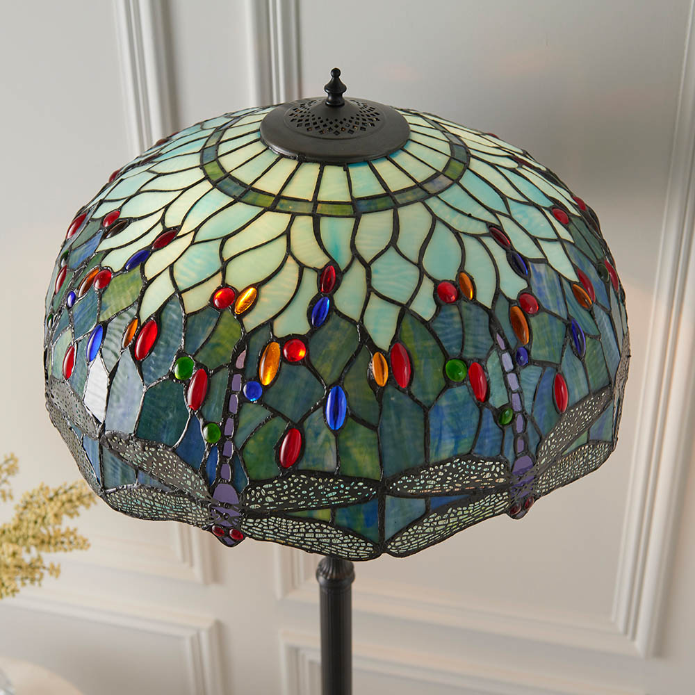 Dragonfly Blue Tiffany Glass Shade Floor Lamp In Satin Black