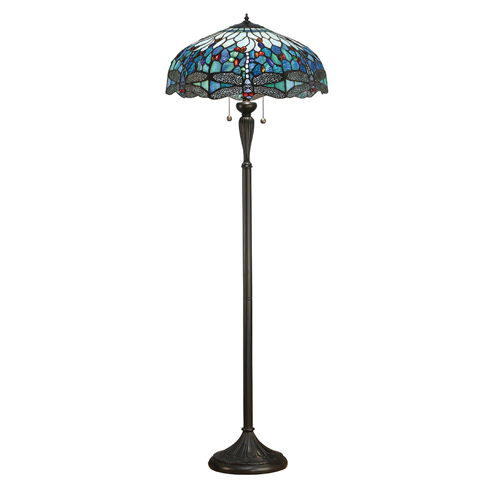 Dragonfly Blue Tiffany Glass Shade Floor Lamp In Satin Black