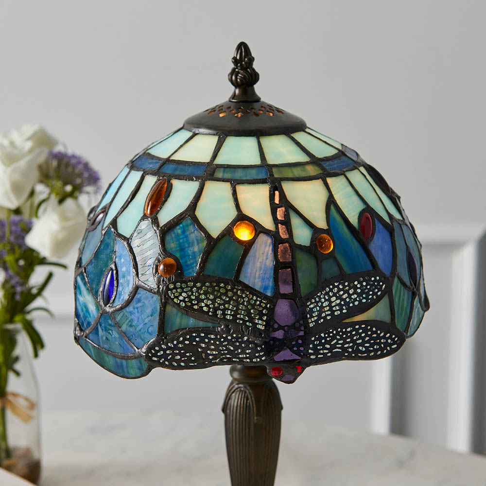 Dragonfly Blue Tiffany Glass Shade Table Lamp In Satin Black