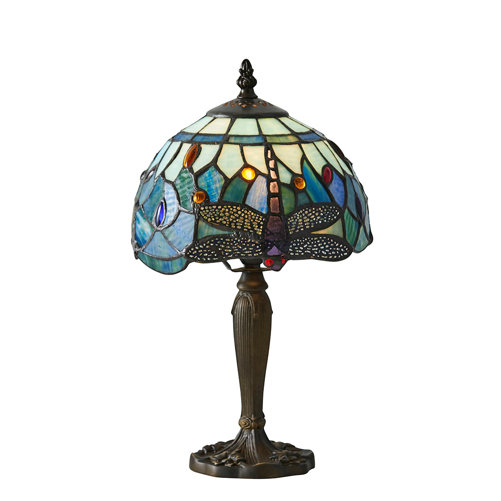 Dragonfly Blue Tiffany Glass Shade Table Lamp In Satin Black