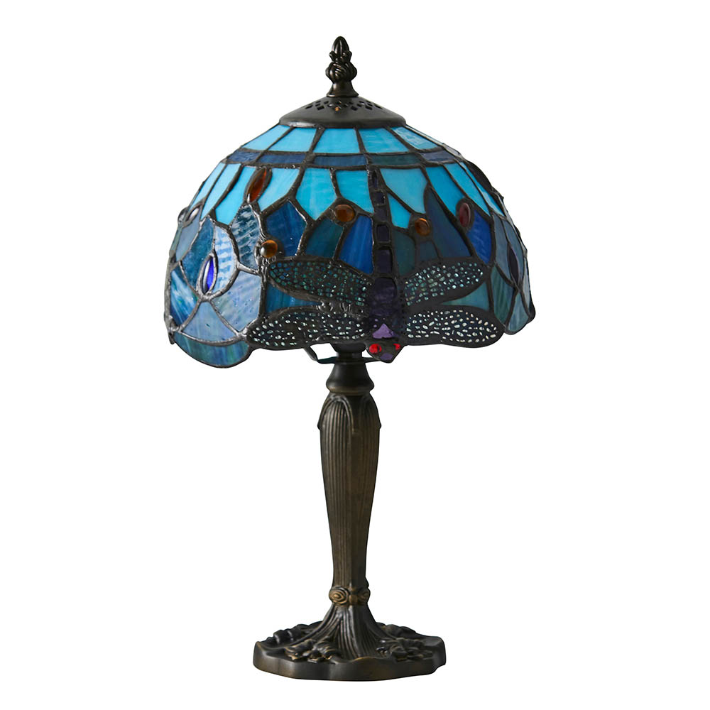 Dragonfly Blue Tiffany Glass Shade Table Lamp In Satin Black