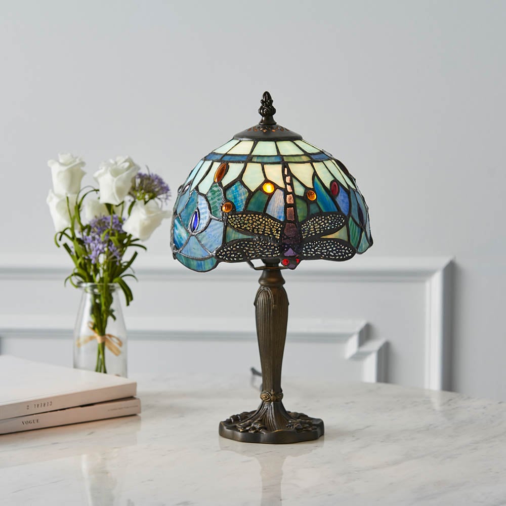 Read more about Dragonfly blue tiffany glass shade table lamp in satin black