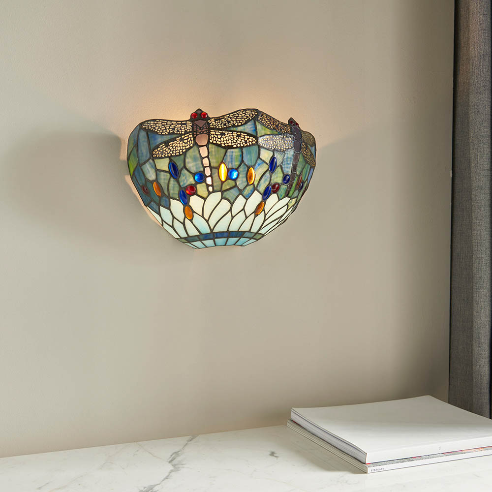Dragonfly Blue Tiffany Glass Shade Wall Light In Matt Black