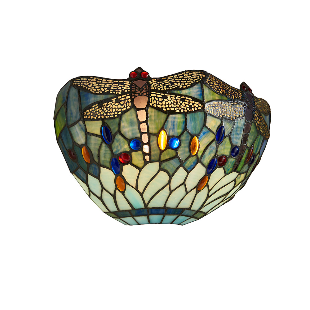Dragonfly Blue Tiffany Glass Shade Wall Light In Matt Black