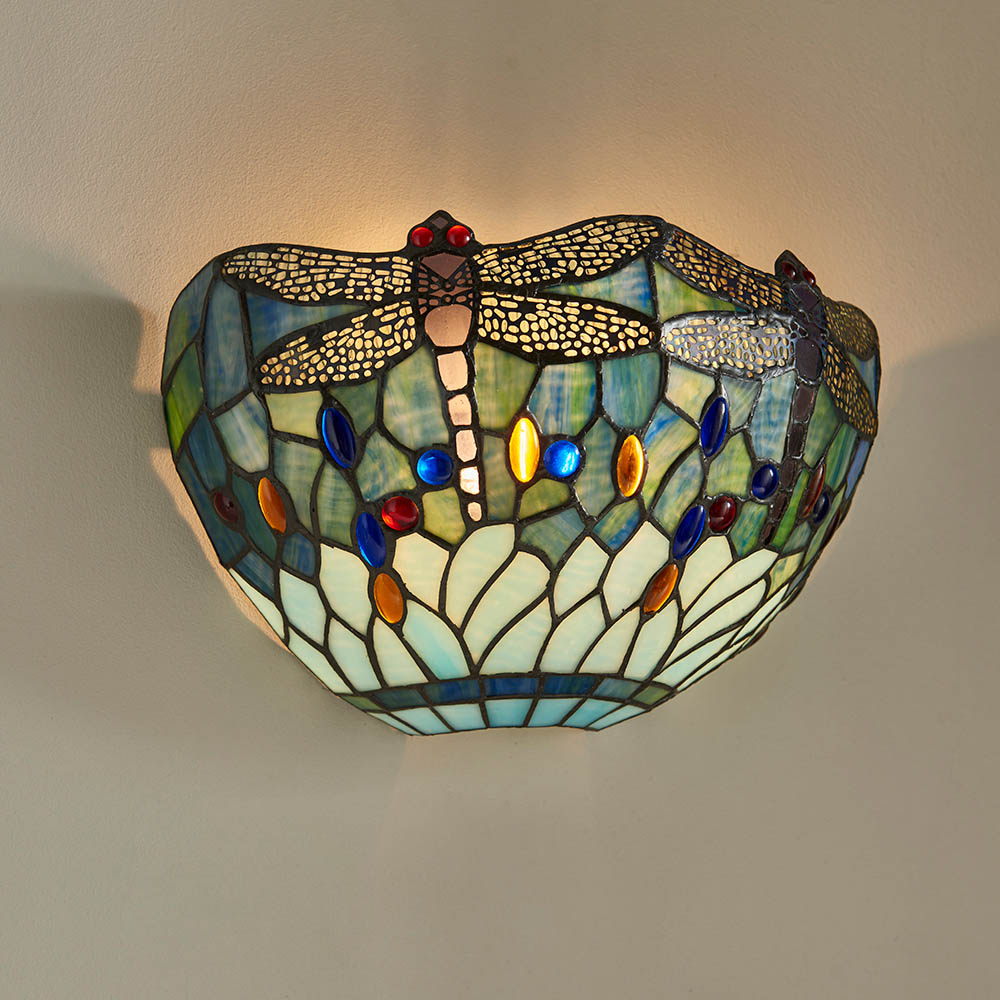 Read more about Dragonfly blue tiffany glass shade wall light in matt black