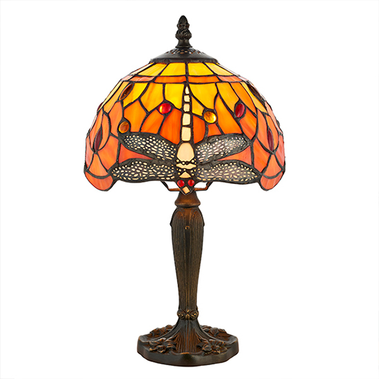 Dragonfly Flame Mini Tiffany Glass Table Lamp In Dark Bronze