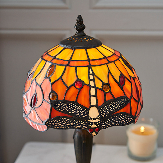 Dragonfly Flame Mini Tiffany Glass Table Lamp In Dark Bronze