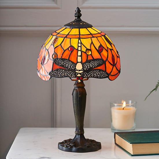 Photo of Dragonfly flame mini tiffany glass table lamp in dark bronze