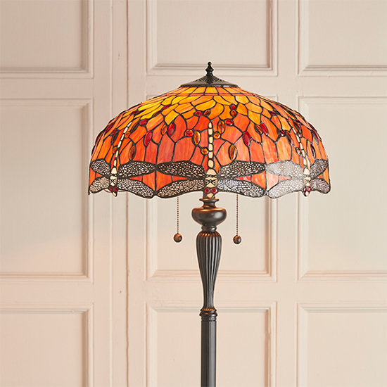Dragonfly Flame Tiffany Glass Floor Lamp In Dark Bronze