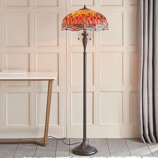 Read more about Dragonfly flame tiffany glass floor lamp in dark bronze