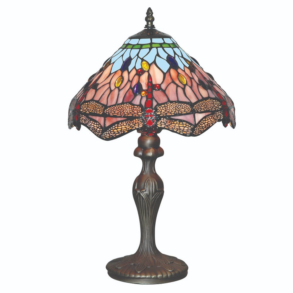 Read more about Dragonfly stained glass table lamp in antique brass