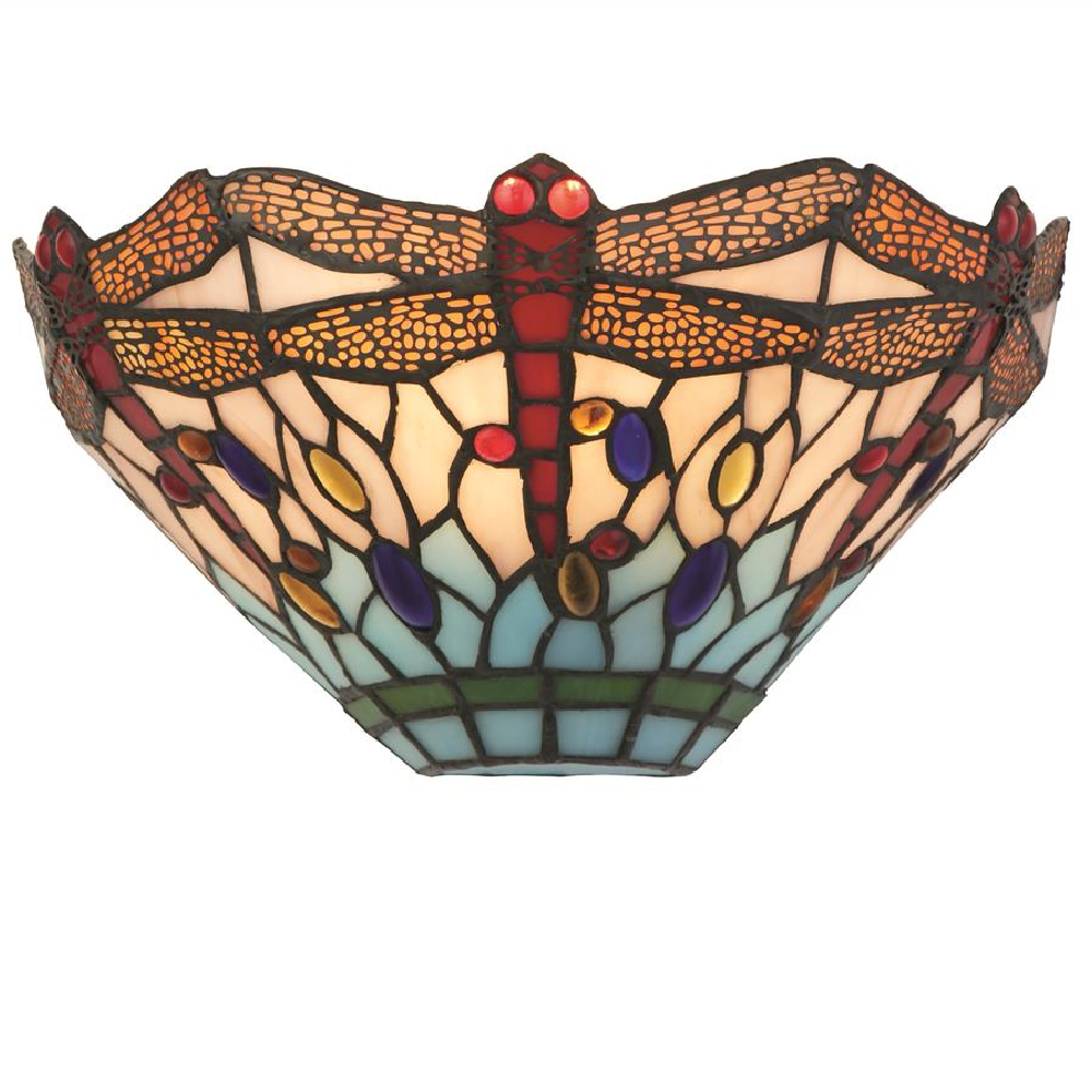 Read more about Dragonfly stained glass wall light in antique brass