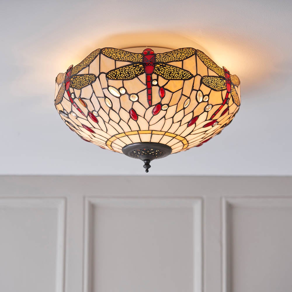 Read more about Dragonfly tiffany glass shade flush ceiling light in dark bronze