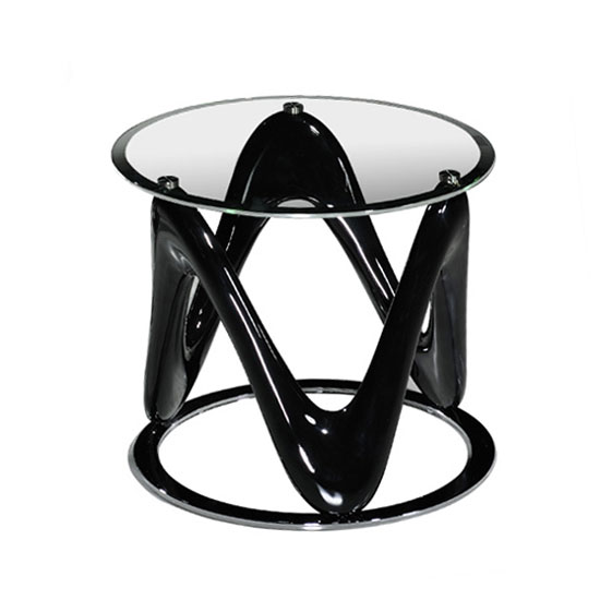 Read more about Drift glass round end table in black high gloss and chrome base