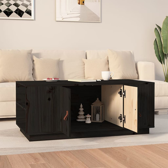 Drika Pinewood Coffee Table With 2 Doors And Shelves In Black