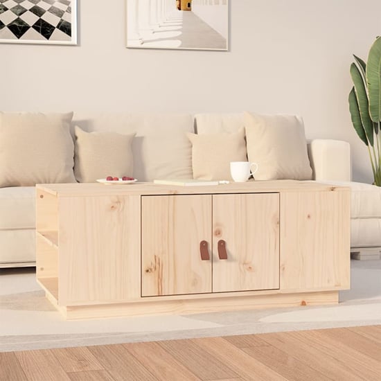Drika Pinewood Coffee Table With 2 Doors And Shelves In Natural
