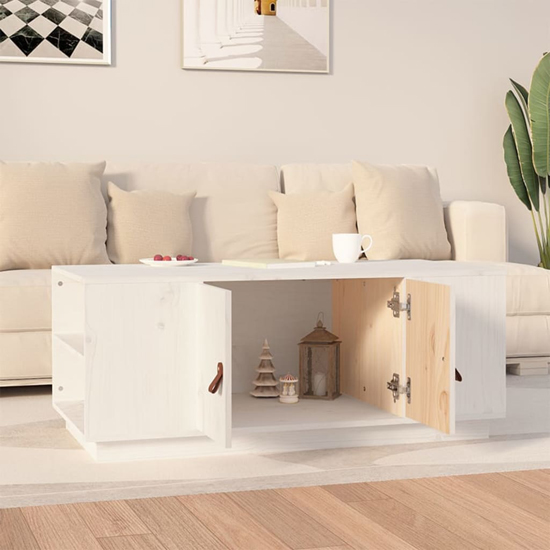 Drika Pinewood Coffee Table With 2 Doors And Shelves In White