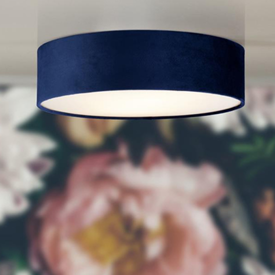 Read more about Drum 3 lights flush ceiling light with blue velvet shade