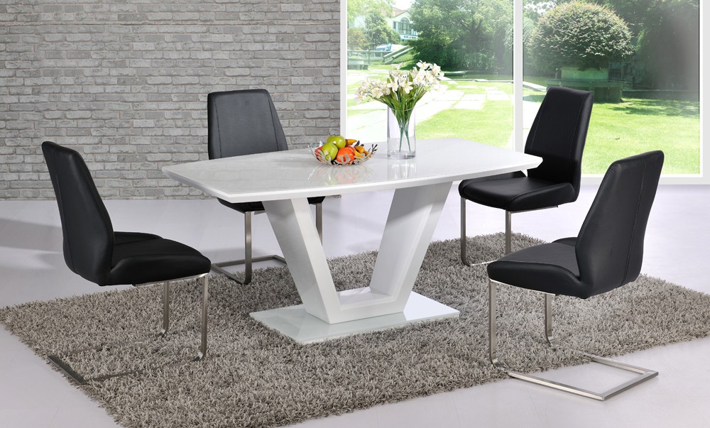 Ventura V Shaped White Dining Table And 4 Grey Dining Chairs