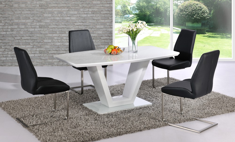 Ventura V Shaped White Dining Table And 4 Black Chairs